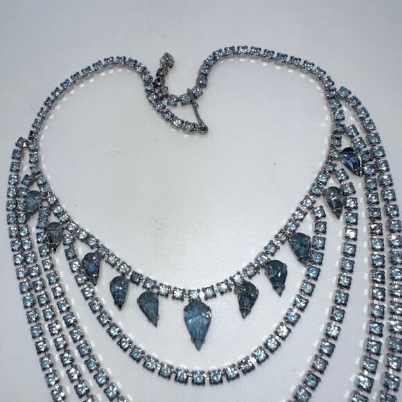 1940s 1950s vintage silver tone light blue glass rhinestones swag necklace - Picture 5 of 8